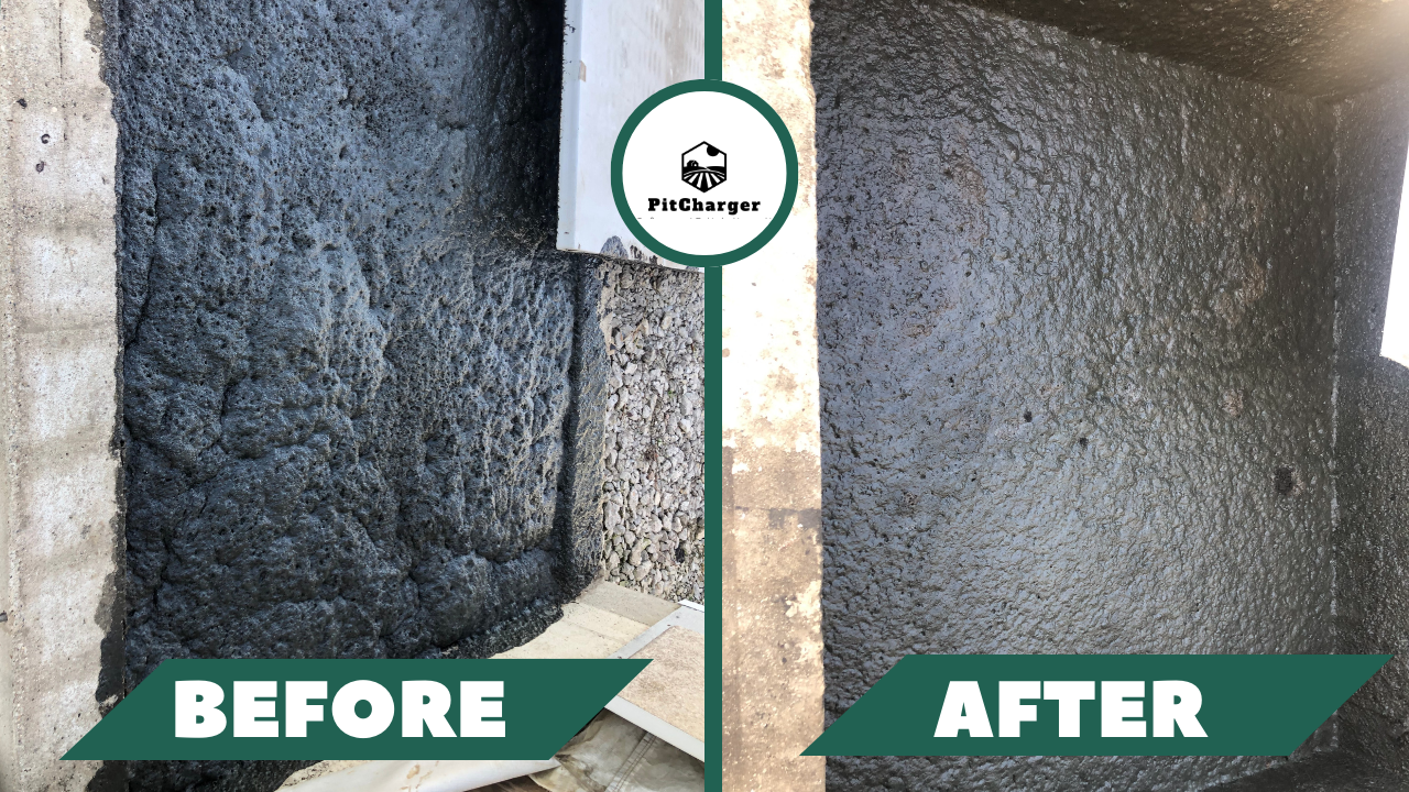 The same hog barn manure pit photographed before and after PitCharger treatment. The before image shows a thick, dark foam layer built up the pit wall; the after image shows the foam collapsed to a flat surface.